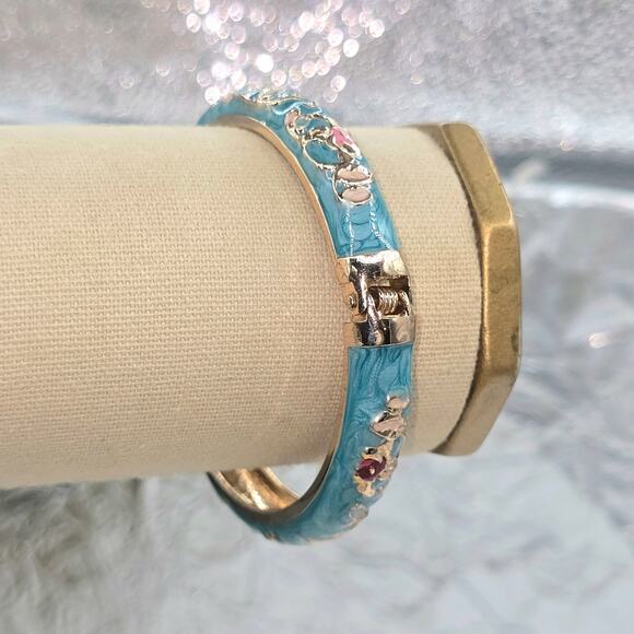 Jiu Long Xing Vintage Floral Cloisonné Turquoise Enamel Hinged Bangle Bracelet - Picture 2 of 5